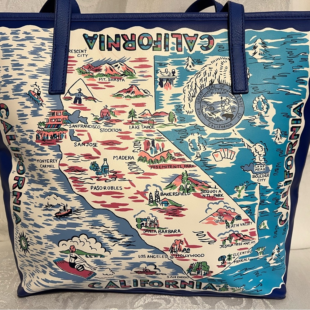 Talbots California large zipper tote bag with blue leather trim and handles